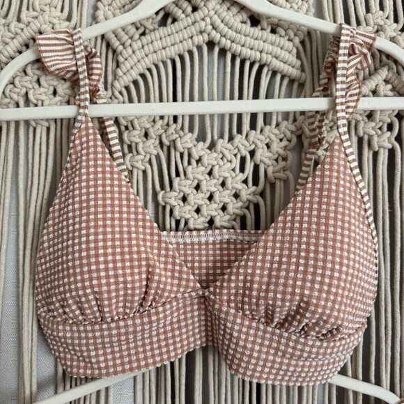 Aerie Seersucker Ruffle Longline Triangle Bikini Top & Bottoms – Size Large, Raw - Picture 2 of 6